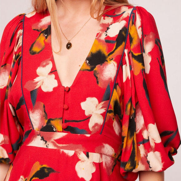 NWT Band of the Free Dolly Floral Puff Sleeve Mini Dress Sz. S [4-6] Red Gold - Picture 4 of 12